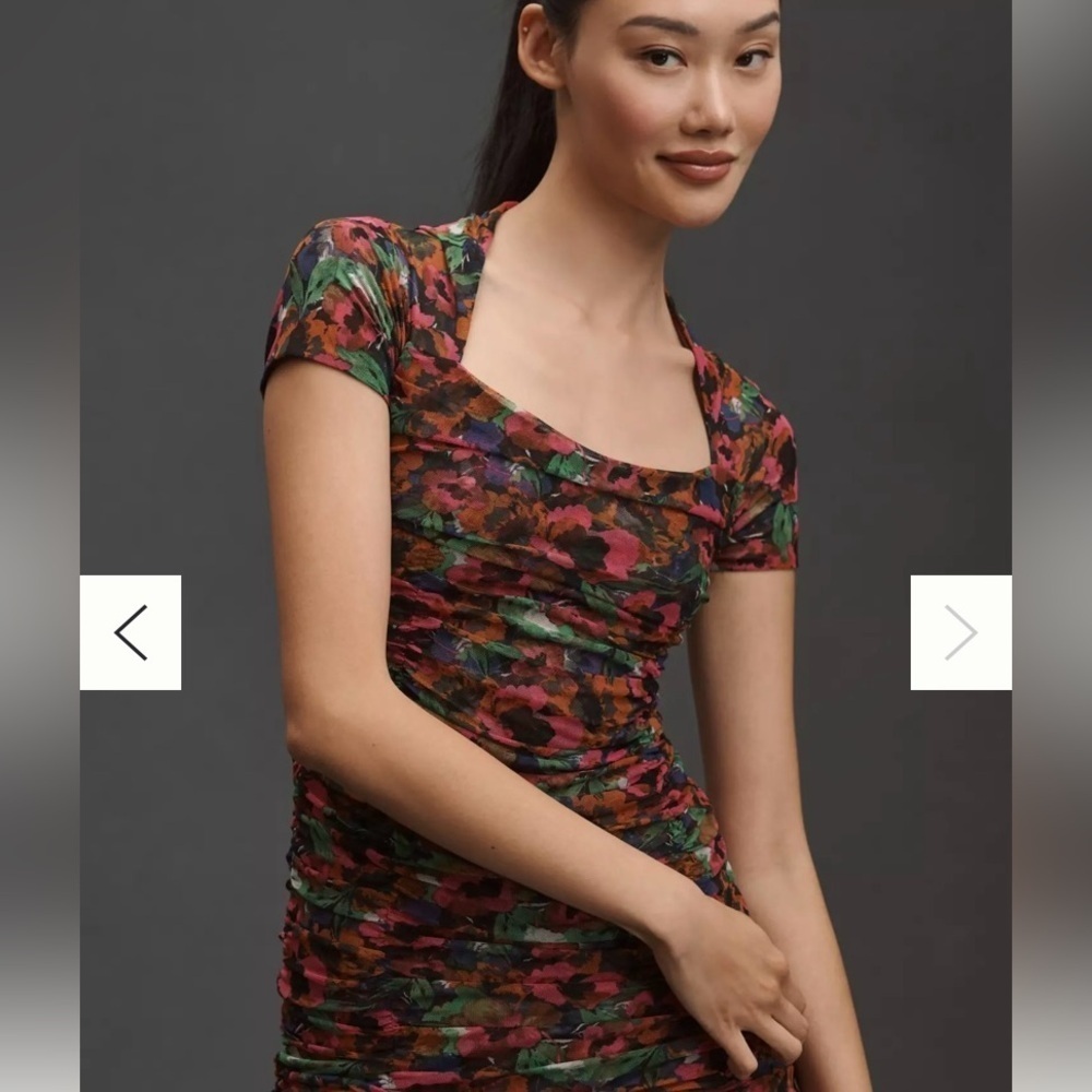 MISA Los Angeles short sleeve square neck mesh Marilyn jewel tone floral XXS - Picture 5 of 9